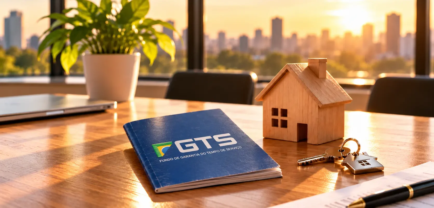 FGTS para comprar imóvel, com caderno do fundo de garantia, maquete de casa e chaves sobre uma mesa.